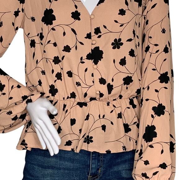 Sienna Sky Blouse Long Sleeve Peplum Dusty Rust Pink/Black Floral Print Size M - Picture 4 of 10